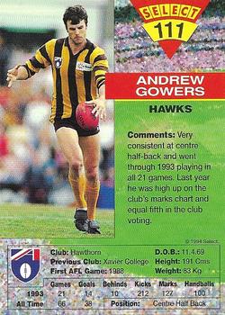 1994 Select AFL #111 Andrew Gowers Back